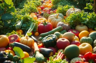 A picturesque organic orchard showcasing diverse fruits and vegetables in a natural setting.