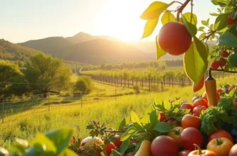 A peaceful landscape featuring healthy fruits and vegetables growing naturally, representing the importance of nutrition.