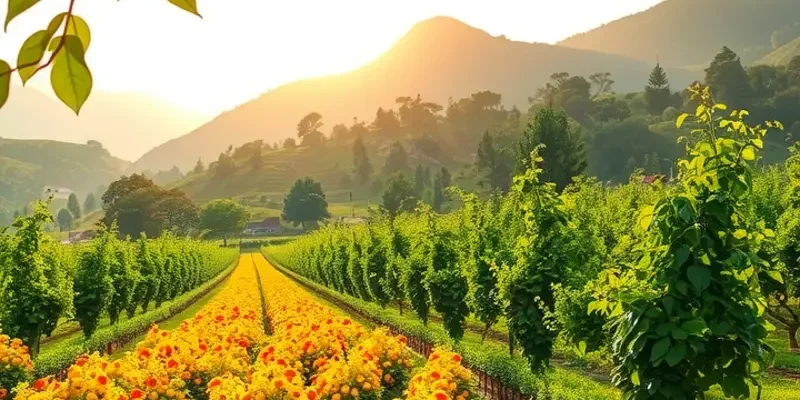 A tranquil sunlit landscape depicting an organic field brimming with vibrant fruits and vegetables, embodying the essence of nutritious eating.