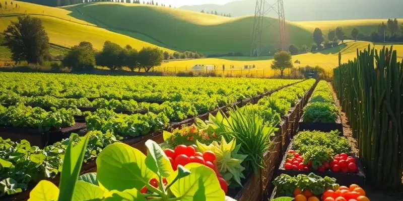 Photorealistic sunlit field with vegetables and fruits in a lush green landscape.