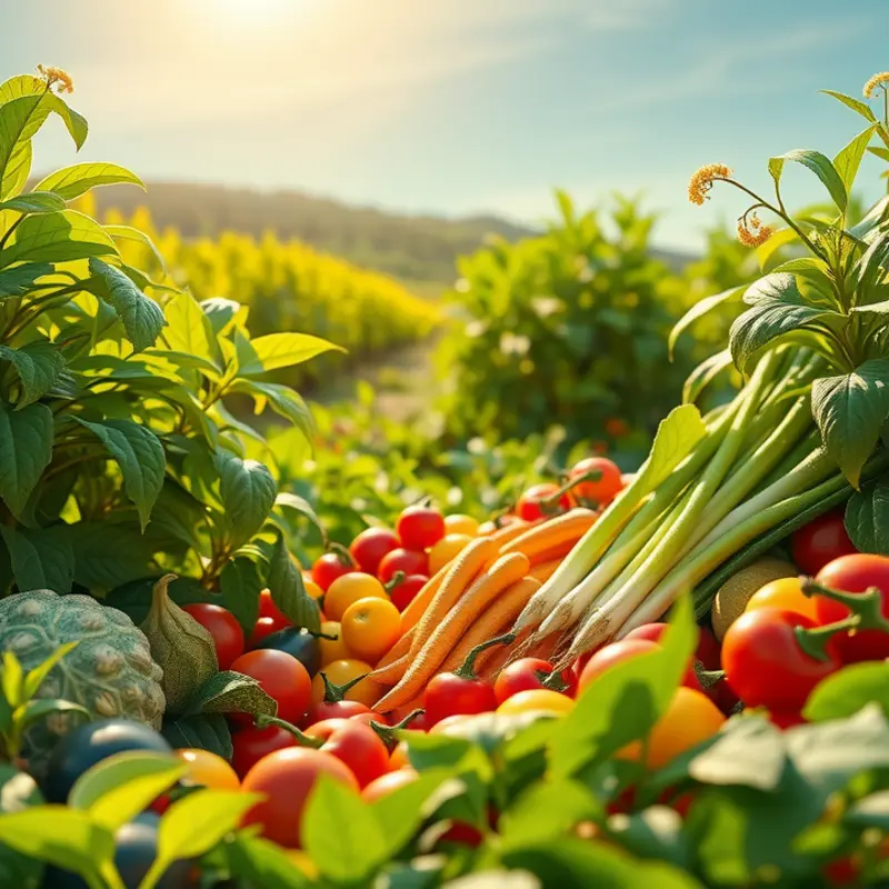 A sunlit field filled with vibrant vegetables and fruits, symbolizing abundance and nourishment.