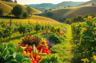 A scenic view of a lush, green orchard abundant with fruits and vegetables.