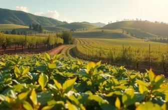 A picturesque view of a vast organic farmland abundant with fresh, colorful vegetables and fruits.