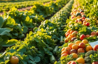 A lush landscape showcasing an abundance of organic fruits and vegetables in a sunlit field.