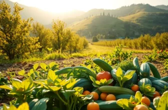 A scenic landscape featuring a lush, sunny field abundant in organic vegetables and fruits.