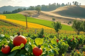 A rich landscape depicting various vegetables and fruits growing abundantly in a sunlit field.