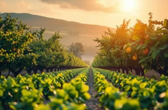 Landscape showing a sunlit orchard with colorful fruits and vegetables symbolizing healthy nutrition.