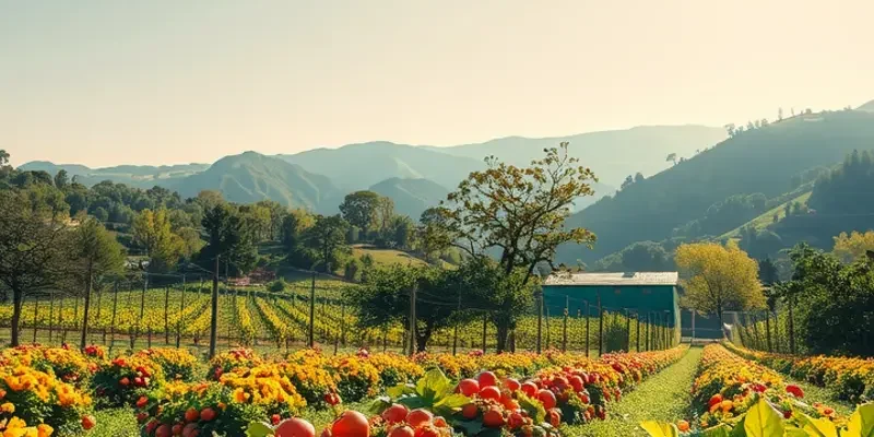 A picturesque landscape showcasing vibrant fruits and vegetables in a lush, green setting.
