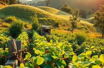 A lush, green field filled with vibrant organic produce under soft, warm sunlight.