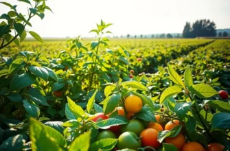 Photorealistic landscape of a sunlit field with organic vegetables and fruits growing among lush greenery.