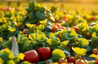 A bright, photorealistic landscape filled with various organic vegetables and fruits under warm sunlight.