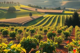 A lush sunlit field rich with organic fruits and vegetables, symbolizing healthy mindful eating.