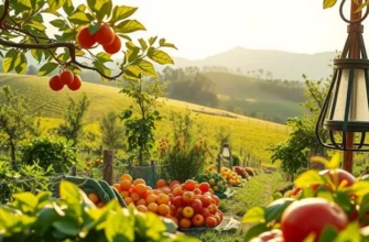 Photorealistic landscape of an orchard filled with fresh organic produce, representing healthy living.