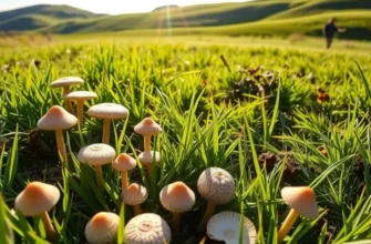 A sunny field with various mushrooms growing among greenery.