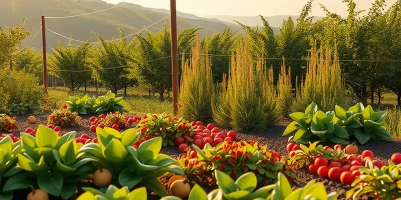 A photorealistic landscape capturing the richness of a sunlit organic field filled with various vegetables and fruits.