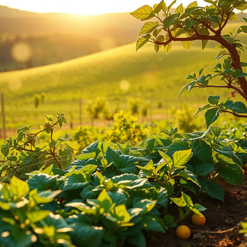 Lush organic landscape with vibrant vegetables and fruits.