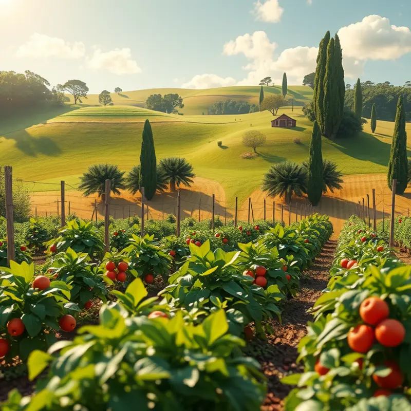 Nature’s bounty of colors: fresh vegetables and fruits in a sunlit field.