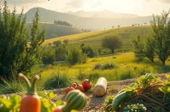 A serene landscape of organic vegetables and fruits basking in sunlight.