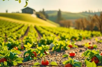 A sunlit landscape of an orchard full of vibrant fruits and vegetables symbolizing health and nourishment.