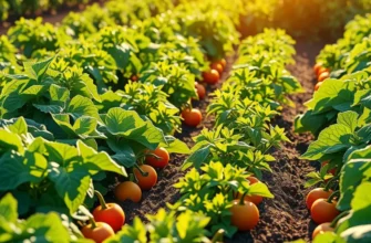 Photorealistic landscape of a sunny field filled with organic fruits and vegetables growing abundantly among lush greenery.