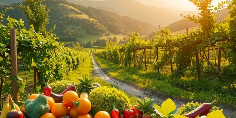 A beautiful sunlit field showcasing organic fruits and vegetables surrounded by lush greenery.