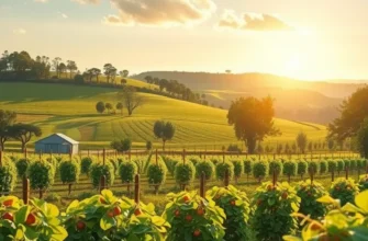A vibrant natural landscape showcasing healthy fruits and vegetables under warm sunlight.