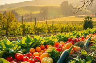 A sunlit field with a variety of fresh vegetables and fruits growing naturally, embodying the concept of healthy nourishment.