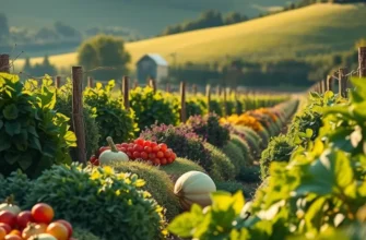 A serene field filled with an array of organic fruits and vegetables in a lush setting.