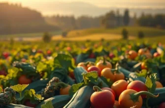 Beautiful natural landscape with vibrant vegetables and fruits growing abundantly under soft sunlight.