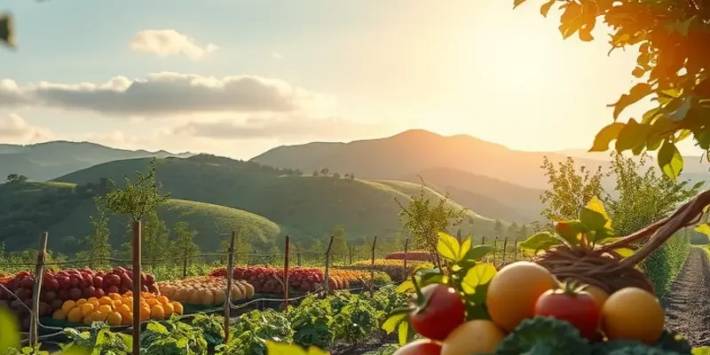 A peaceful, organic landscape filled with vibrant fruit and vegetable plants in soft, natural light, representing healthy nutrition.