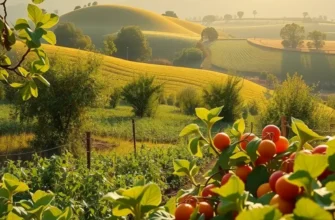 A photorealistic depiction of a scenic orchard filled with vibrant fruits and vegetables among lush greenery.