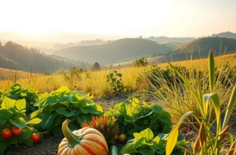 A scenic view of a sunlit orchard filled with vibrant organic vegetables and fruits, representing healthy nutrition.