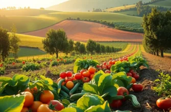 A lush field with abundant fruits and vegetables under soft sunlight.