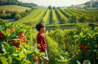 A beautiful landscape with sunlit organic vegetables and fruits growing abundantly among lush greenery.