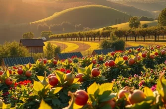 A beautiful sunlit landscape featuring a field of organic fruits and vegetables, highlighting the theme of nourishment and health.