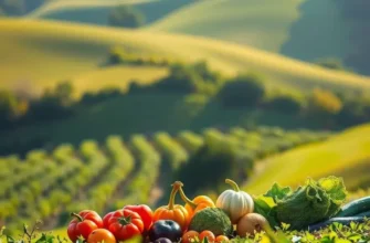 A beautiful landscape showcasing a blend of nature and healthy nutrition with fruits and vegetables.