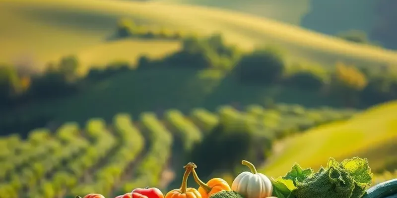 A beautiful landscape showcasing a blend of nature and healthy nutrition with fruits and vegetables.