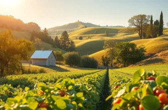 A lush landscape filled with colorful fruits and vegetables under sunlight.