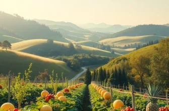 A sunlit field featuring a variety of vegetables and fruits, symbolizing healthy nutrition.