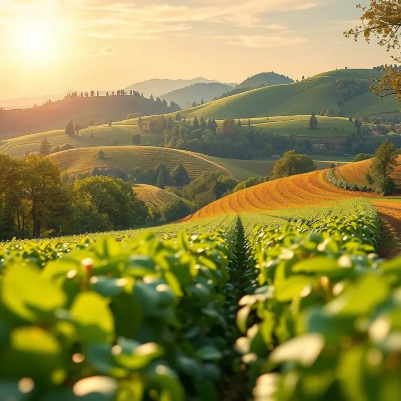 A sunlit orchard with vibrant fruits and vegetables representing superfoods for connective tissue health.
