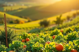 A picturesque view of a blooming field, rich with colors of healthy fruits and vegetables under soft afternoon light.