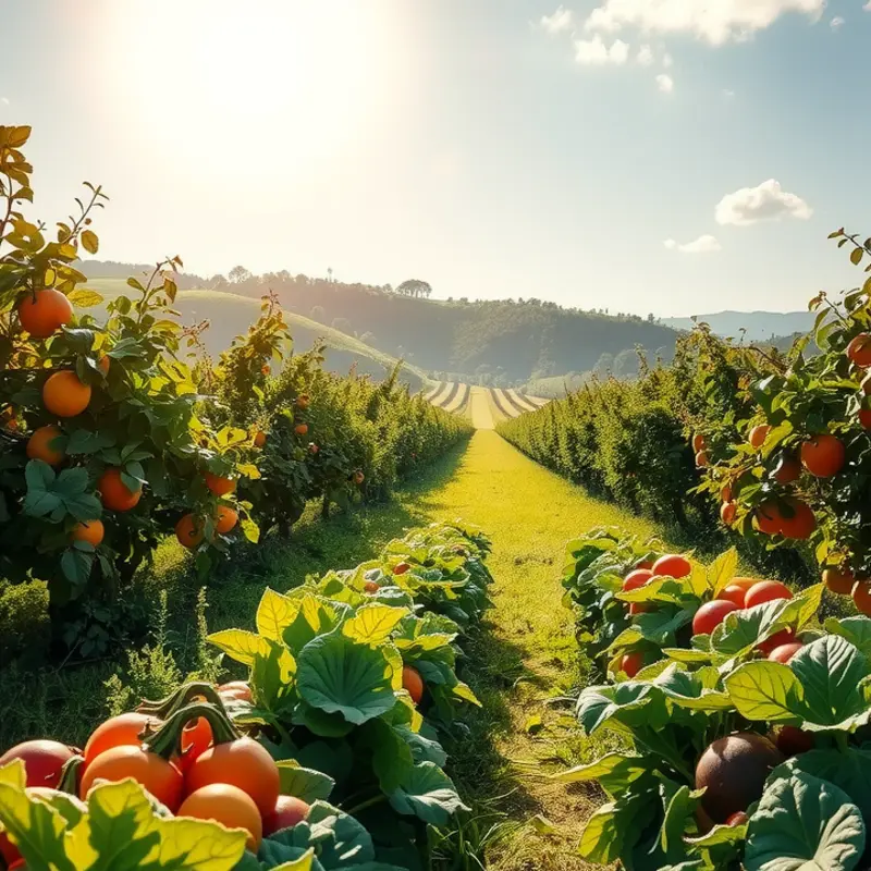 A colorful variety of fruits and vegetables thriving in a sunlit orchard.