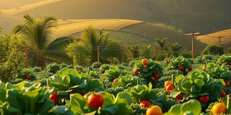 Picturesque landscape with a variety of healthy plants under warm sunlight, representing nutrition's role in mental clarity.
