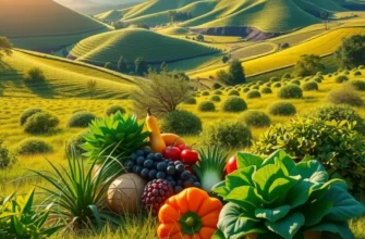 A beautiful sunset over a field filled with various healthy vegetables and fruits reflecting the essence of nutritious eating.
