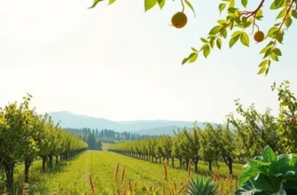 A beautiful landscape featuring an orchard with vibrant fruits and vegetables, symbolizing a healthy approach to nutrition.