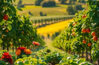 Photorealistic image of a vibrant orchard filled with organic fruits and vegetables in a scenic landscape.