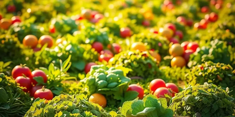 Photorealistic image of an organic field with vegetables and fruits growing naturally in sunlight.