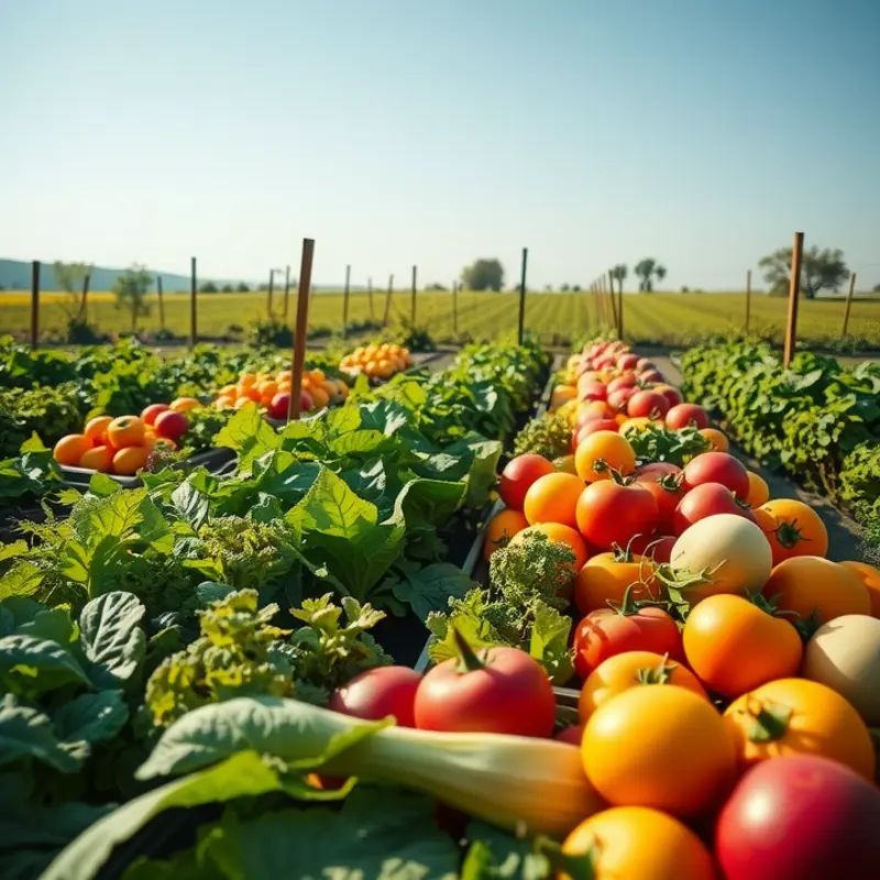 A vibrant organic field filled with lush vegetables and fruits under soft sunlight.