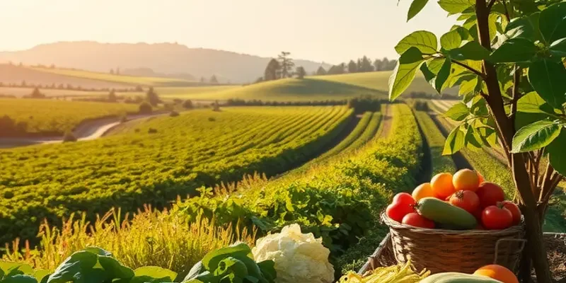 A beautiful organic landscape featuring a diverse range of freshly harvested fruits and vegetables growing in a sunlit field.