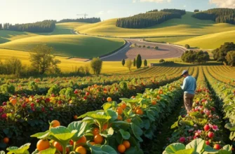 A scenic depiction of an organic field filled with vibrant vegetables and fruits, bathed in warm sunlight.
